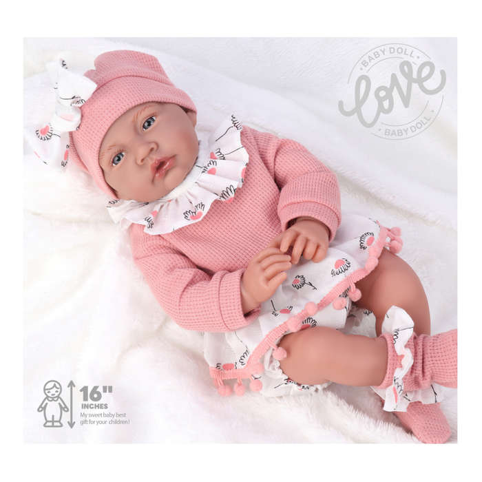 Baby Doll - Soft Cotton Body - Pink Dress, Beanie & Shoes - 40cm