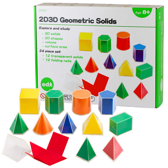 EDX Education - Geometric Solids - 8cm with Folding Nets - 12 Shapes - 24pcs