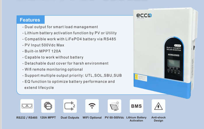 Ecco 6.2KVA / 6200W Hybrid Off-Grid Inverter with 120A MPPT