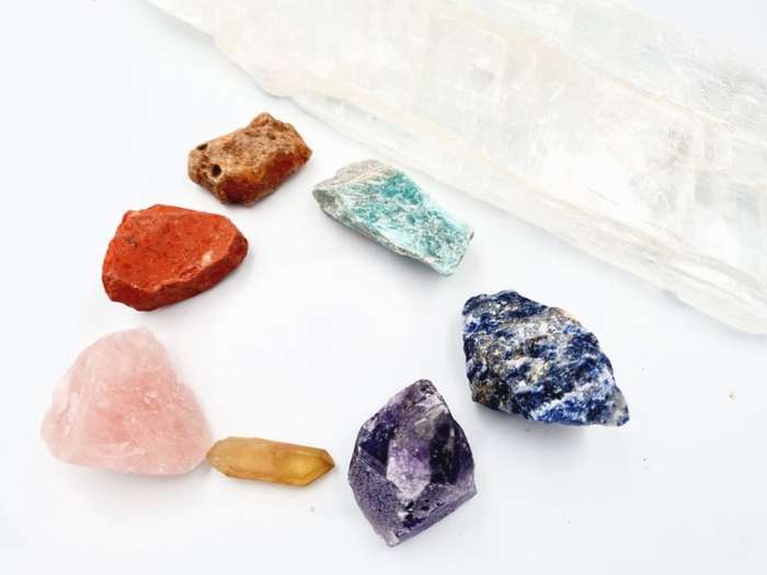 Raw Chakra Stones On A Selenite Slab