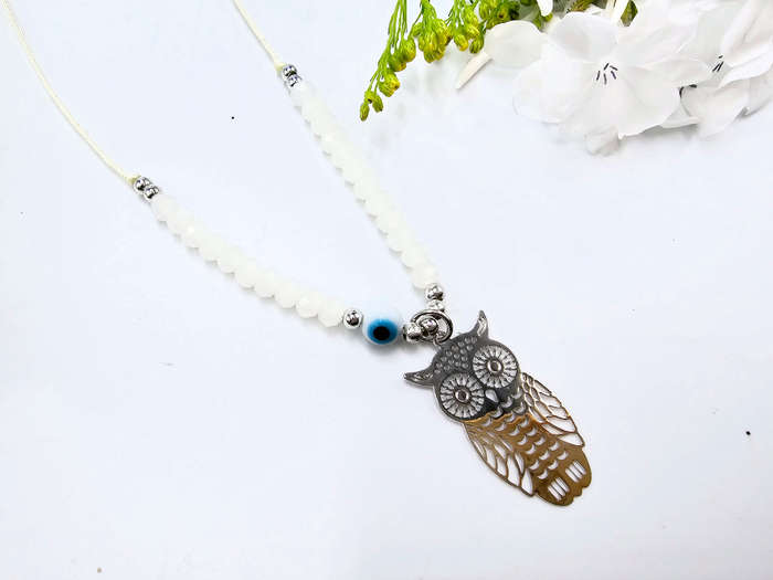 Owl Necklace Cream Evil Eye (Silver)