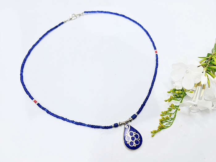 Tibetan Necklace Flower Drop Blue