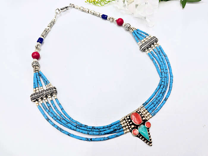 Tibetan Choker Necklace Layered Turquoise C