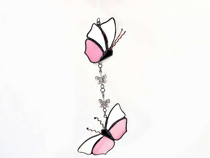 Stained Glass Pink Hanging Butterflies (19cm)