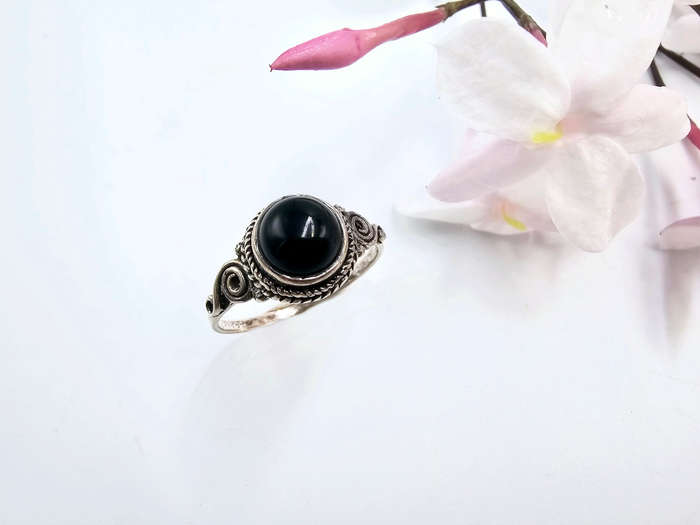 Black Onyx Ring Round Swirl (925 Silver) L