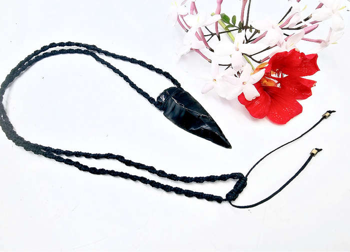 Obsidian Arrow Macrame Necklace
