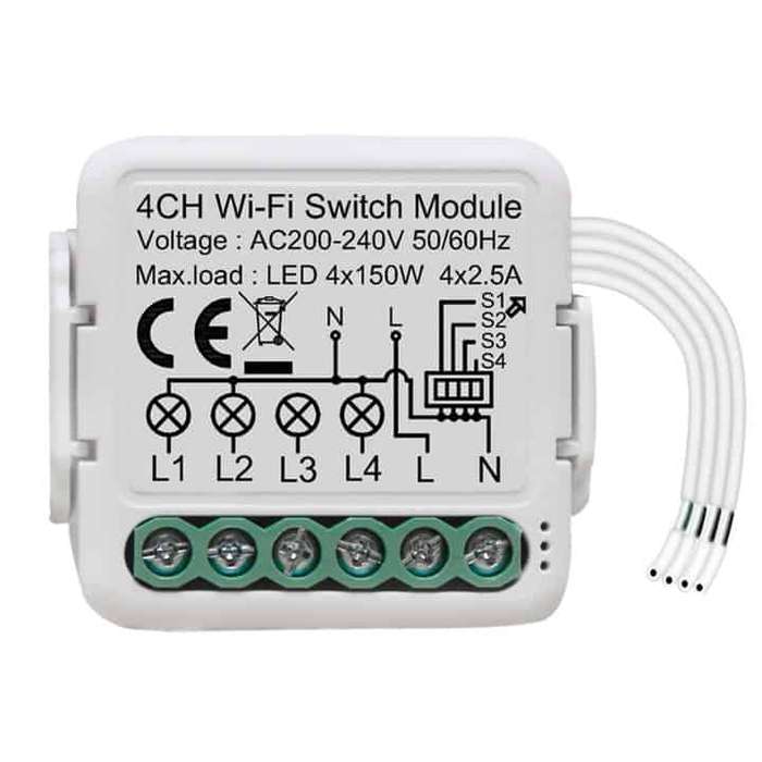 Smart Mini Switch Module 4 Gang 2 Way (Upgrade Existing + Override) | WiFi Tuya Smart Life