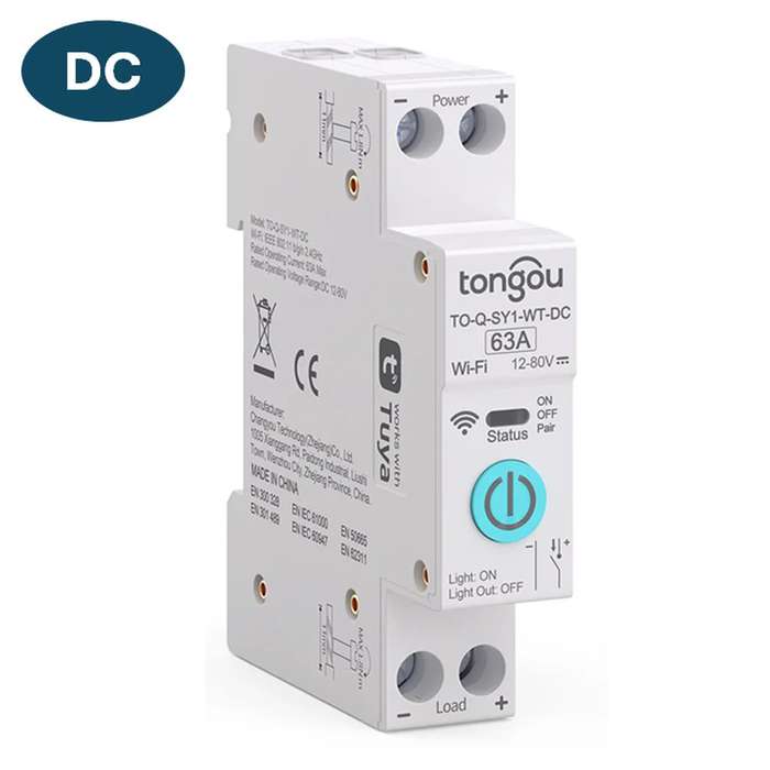 Smart Solar DC Switch | 1 Pole Breaker DIN rail | 1- 63A adjust | 12-80V DC  | WiFi Tuya