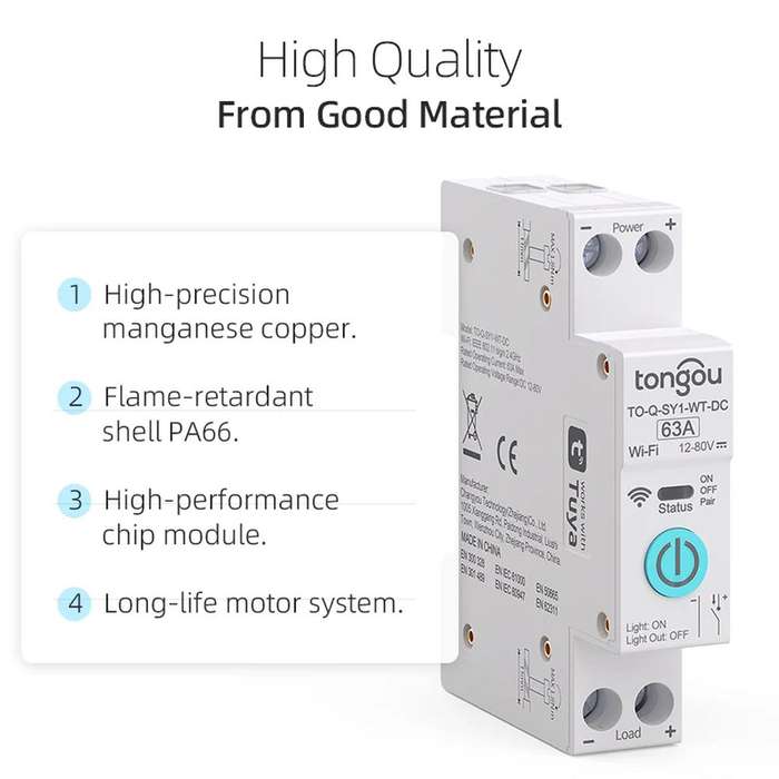 Smart Solar DC Switch | 1 Pole Breaker DIN rail | 1- 63A adjust | 12-80V DC  | WiFi Tuya