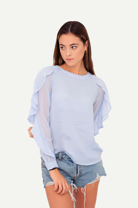 Ladies Elegant Blue Blouse with Frill Sleeves