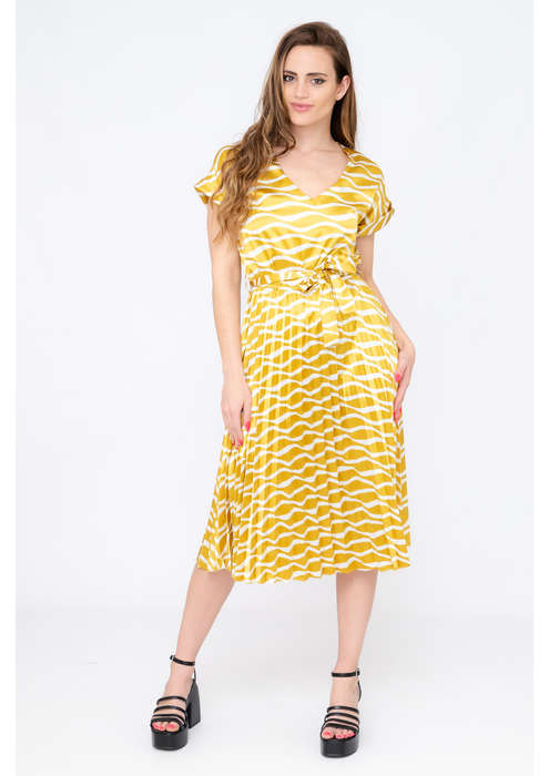 Ladies Gold Wavy Satin Summer Pleated Tie-Up Dress