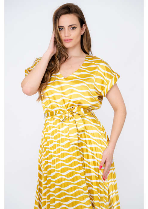 Ladies Gold Wavy Satin Summer Pleated Tie-Up Dress