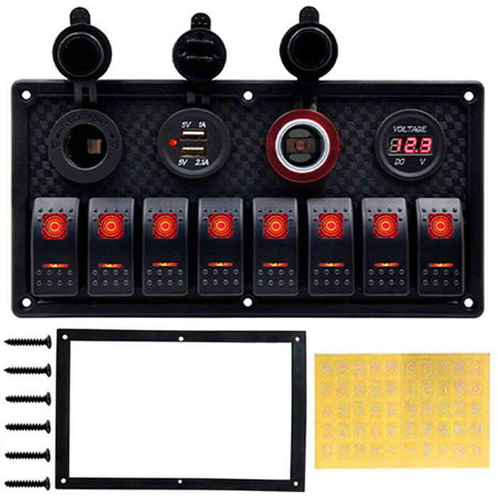 Red RV Car Marine Boat 8 Gang Waterproof Circuit Breaker LED Rocker Switch Panel
