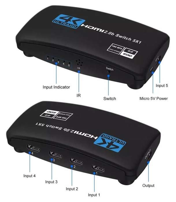 4K Ultra HD 5 Port HDMI 2.0 Splitter for TV Console with Remote Control