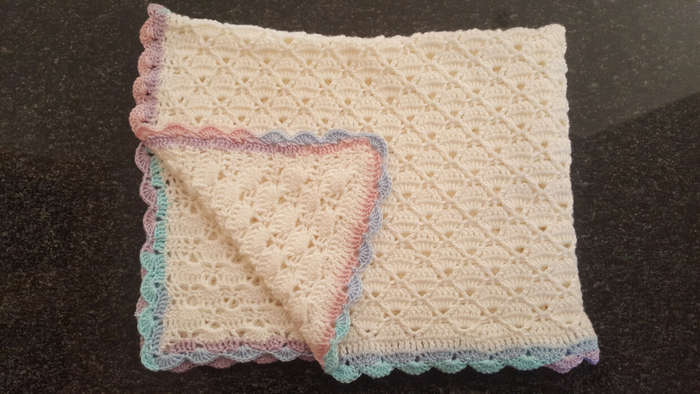 70 x 90cm Cream White with Two-Tone Pastel Border Crochet Baby Blanket | Double Knitting