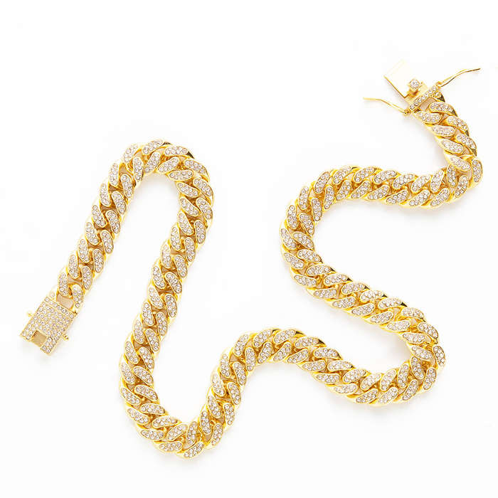 20 Golden Cuban Chainlink necklace encrusted in crystal rhinestones(12mm width)