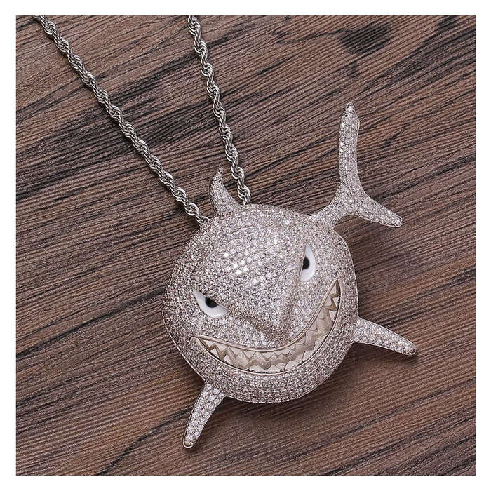 Iced CZ Diamond Shark Pendant with 20" Rope Chain