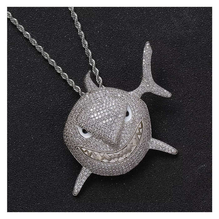 Iced CZ Diamond Shark Pendant with 20" Rope Chain