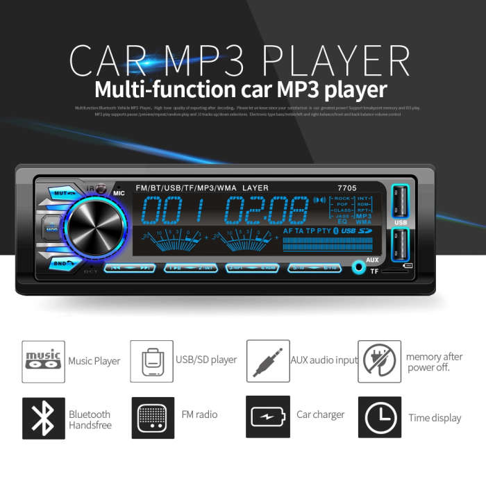 Car Radio with BT, FM, TF, AUX and MP3 Audio Player - 7705