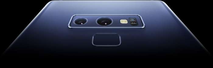An extreme close-up of Galaxy Note9s dual lens rear camera and fingerprint scanner