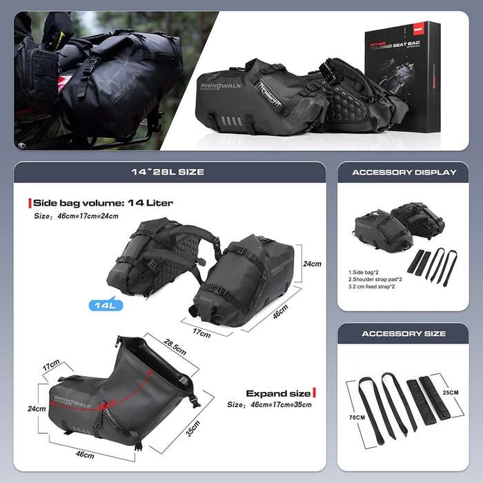 RHINOWALK MT1428BK Waterproof Motorbike Two Side Saddle Bag Motorcycle Luggage Pannier Storage Bag