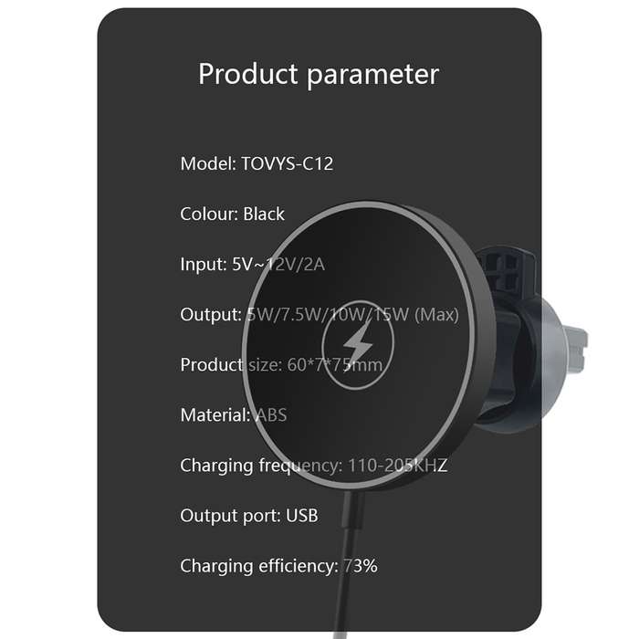 C12 15W Car Magnetic Wireless Charger Air Vent Mount Phone Fast Charging Bracket for iPhone 14 / 13
