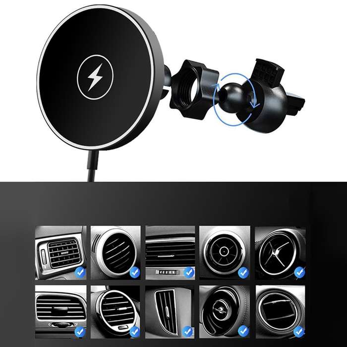 C12 15W Car Magnetic Wireless Charger Air Vent Mount Phone Fast Charging Bracket for iPhone 14 / 13