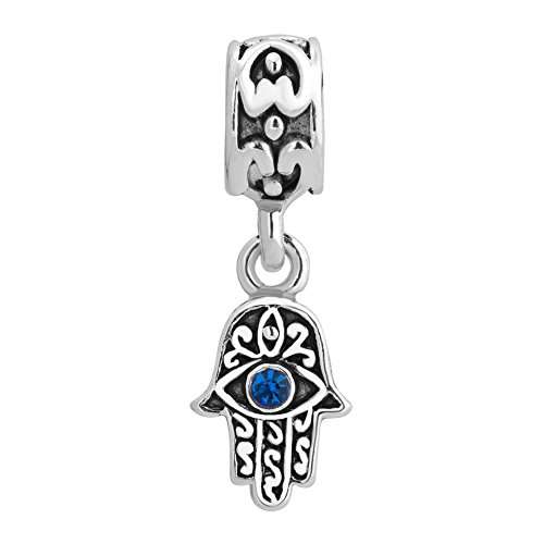 LovelyCharms 925 Sterling Silver Blue Birthstone Evil Eye Hamsa Hand Dangle Beads Fit Bracelets