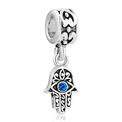 LovelyCharms 925 Sterling Silver Blue Birthstone Evil Eye Hamsa Hand Dangle Beads Fit Bracelets