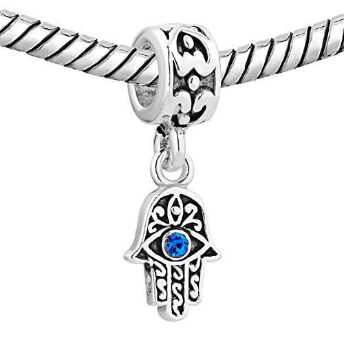 LovelyCharms 925 Sterling Silver Blue Birthstone Evil Eye Hamsa Hand Dangle Beads Fit Bracelets