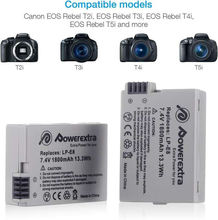 POWEREXTRA 2 PACK CANON LP-E8 REPLACEMENT BATTERY AND DUAL LCD CHARGER COMPATIBLE WITH CANON REBEL T