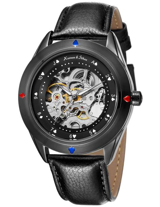 KRONEN & SOHNE Automatic Skeleton Ionized Black Leather Watch Brand new w/ box, papers
