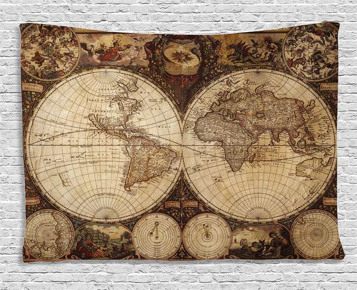 Wanderlust Decor Tapestry by Ambesonne Image of Old World Map Made in 1720s N...