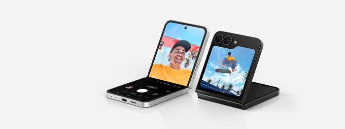 Two Galaxy Z Flip7 FE devices are seen, one in Black and one in White. Both devices are in FlexMode, one is seen from the cover screen and the other is seen from the main screen. Galaxy AI.