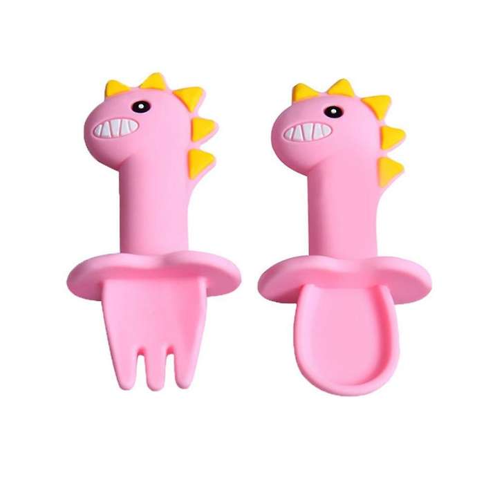 Baby Learning Spoon Fork Set Short Handle Easy Spoon Soft, Pink