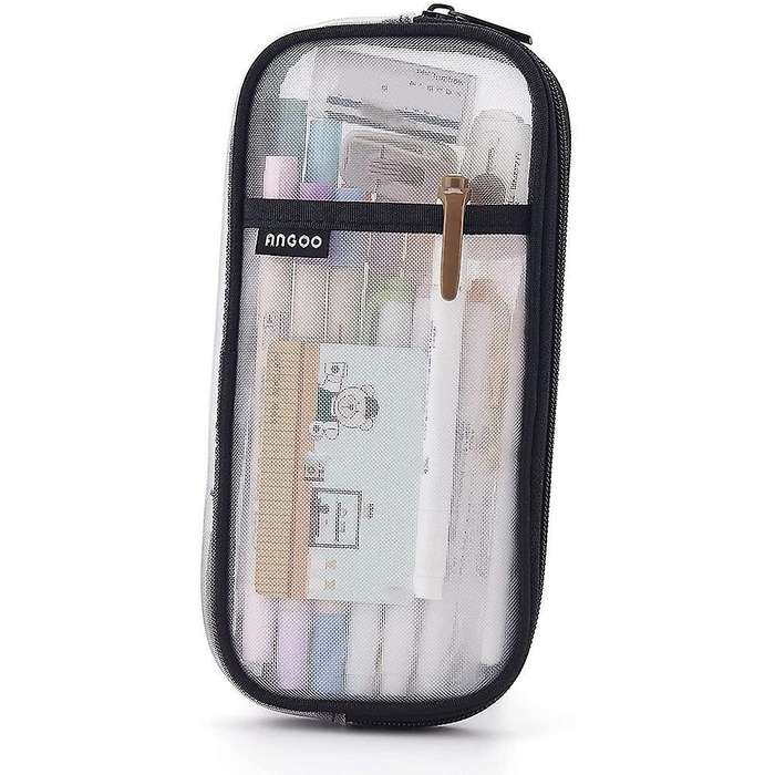 Angoo Grid Mesh Pen Pencil Case with Zipper Clear Makeup Pouch, Black