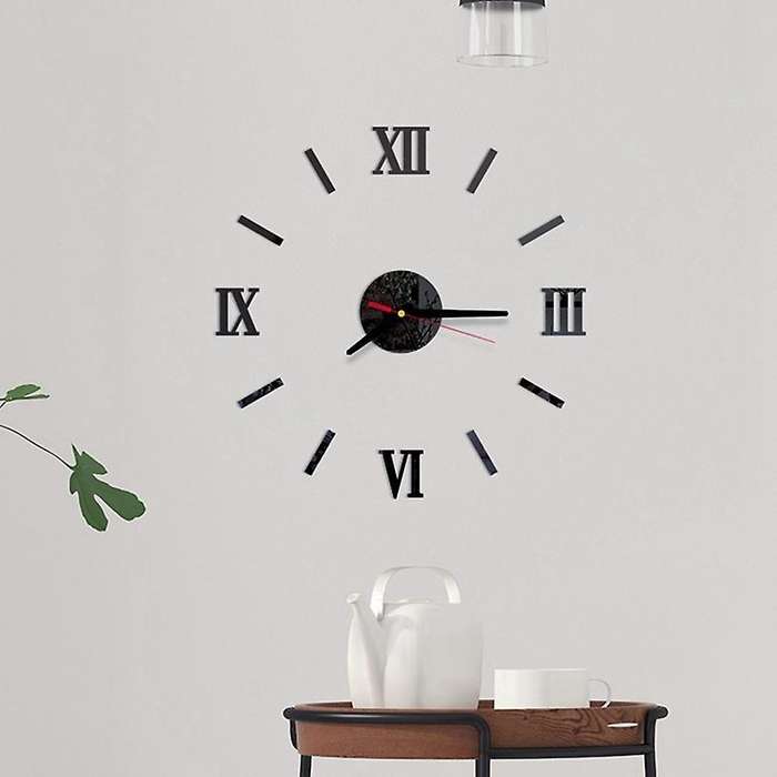 Diy Wall Clock 16in Silent Mirror Sticker Kit for Bedroom,black