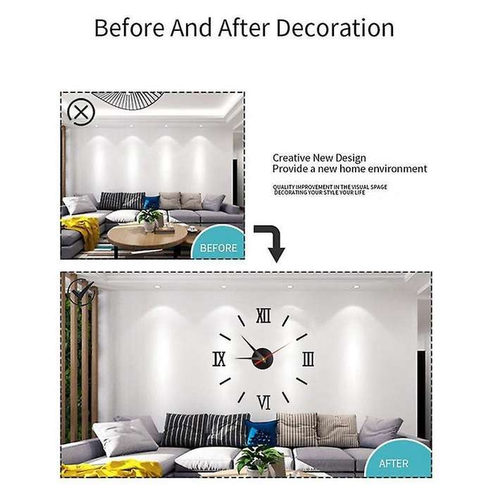 Diy Wall Clock 16in Silent Mirror Sticker Kit for Bedroom,black