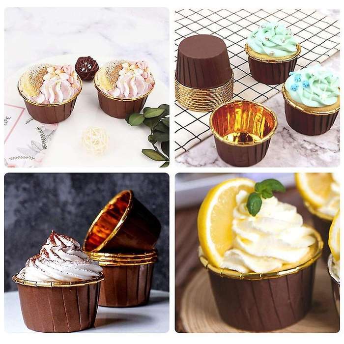 50pcs Aluminum Foil Cupcake Cups Disposable Baking Cups-gold + Brown