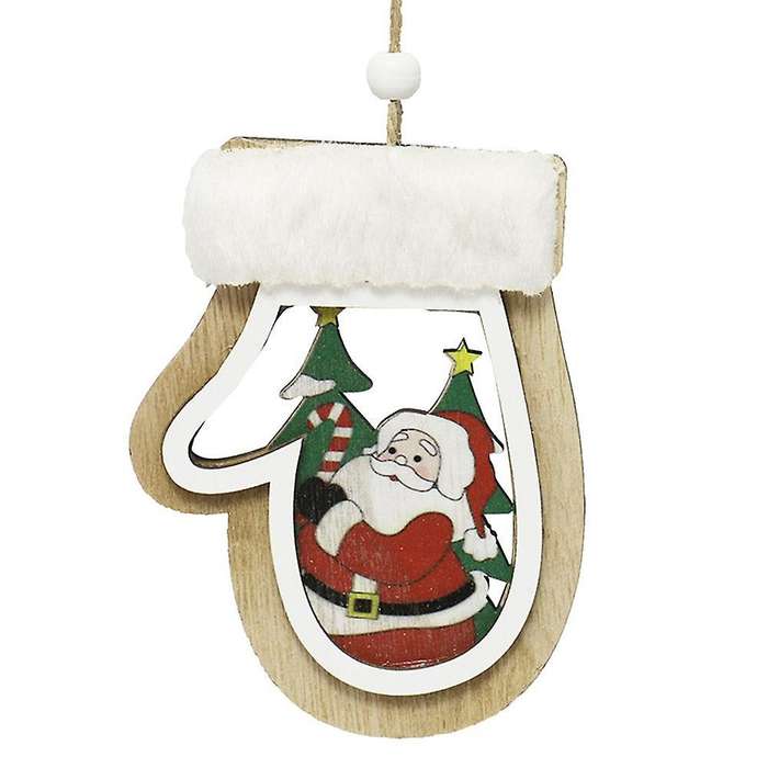 Gloves Shape Christmas Pendant with Lanyard Wood Santa Claus Pattern