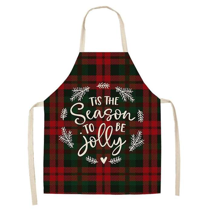 Christmas Apron Plaid Printing Kitchen Cotton Linen Adult Bibs ,b