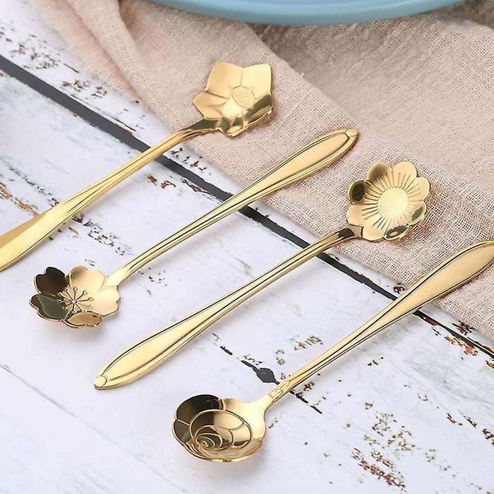 4pcs Cute Stainless Steel Flower Teaspoon Dessert Coffee Spoon Gold