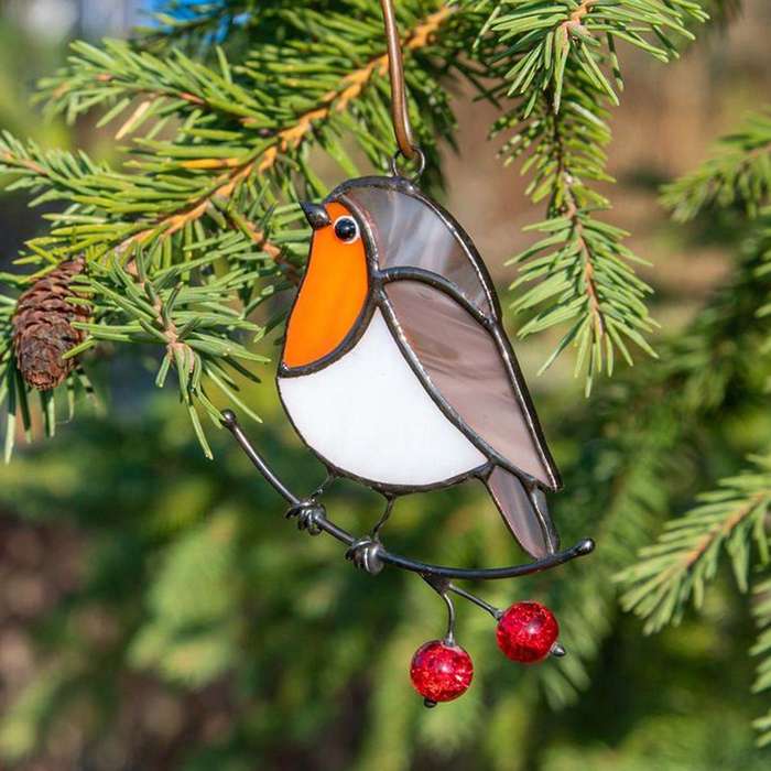 Hanging Birds On Wire High Stained Suncatcher Decor - Sitting Robin