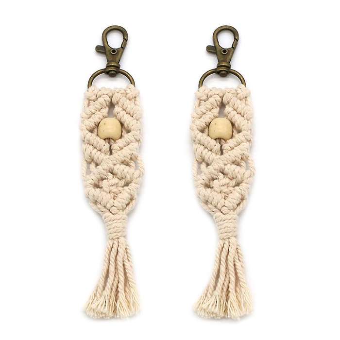 2 Pcs Mini Macrame Keychains Boho Bag with Tassels for Key Purse, A