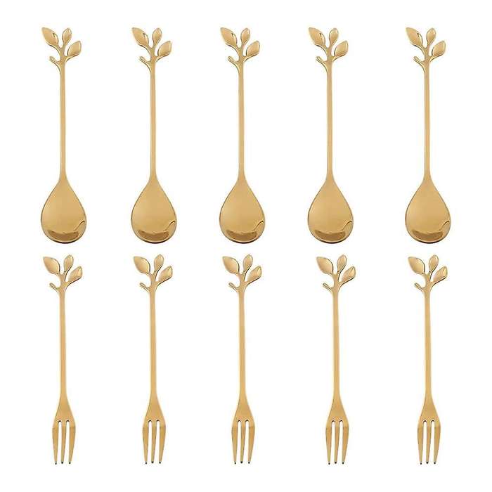 5spoon+5forks Stainless Steel Leaf Spoon Fork Dessert Spoons, Golden
