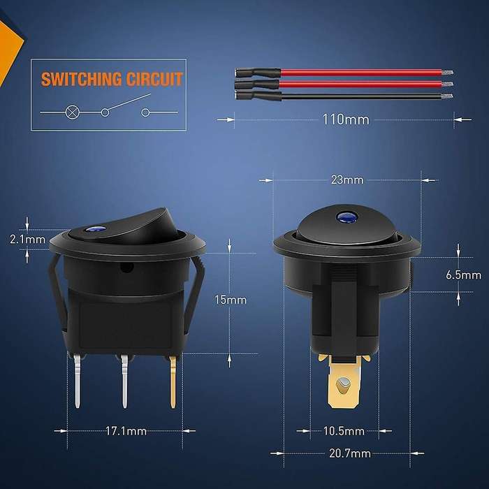 8pcs 12v 20a Round Blue Toggle Led Rocker Switch with 24pcs Wires