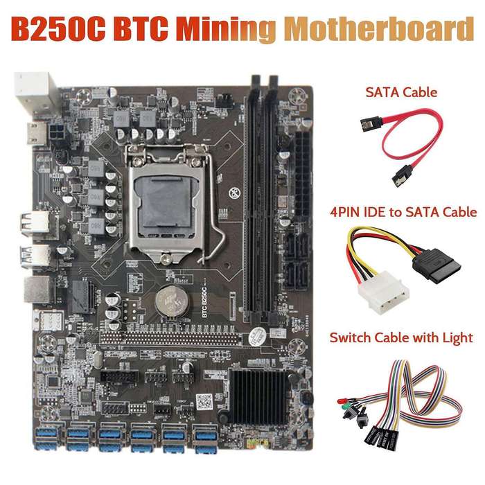 B250c Miner Motherboard+dual Switch Cable with Light+4pin Ide to Sata