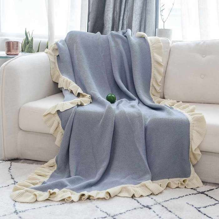 Ruffled Soft Woolen Blanket, Cotton Knitted Blanket, Sofa(light Blue)