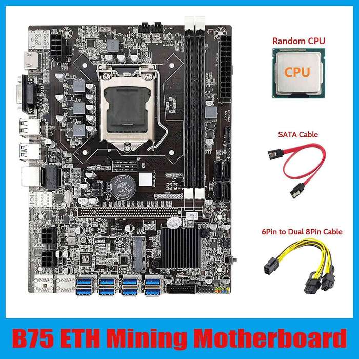 B75 Eth Mining Motherboard+cpu+6pin to Dual 8pin Cable+sata Cable