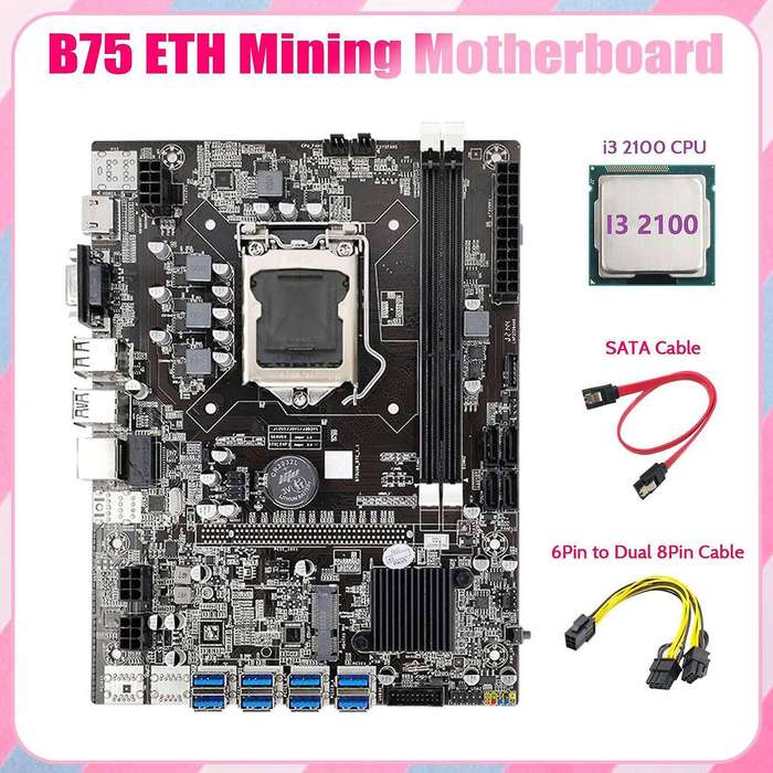 B75 Eth Mining Motherboard 8xpcie to Usb+i3 2100 Cpu+6pin to Dual